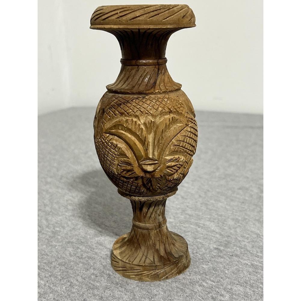 Vintage Hand Carved Wooden Vase Ornate Floral Relief Folk Art Rustic Home Decor